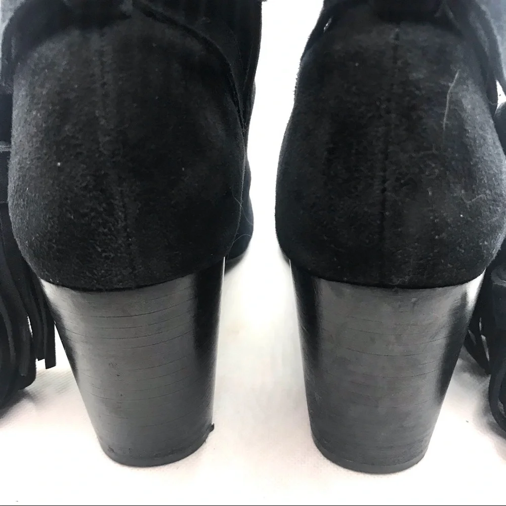 & OTHER STORIES BLACK SUEDE HEELED BOOTS WITH FRINGE TASSEL ANKLE DETAILS (6.5)